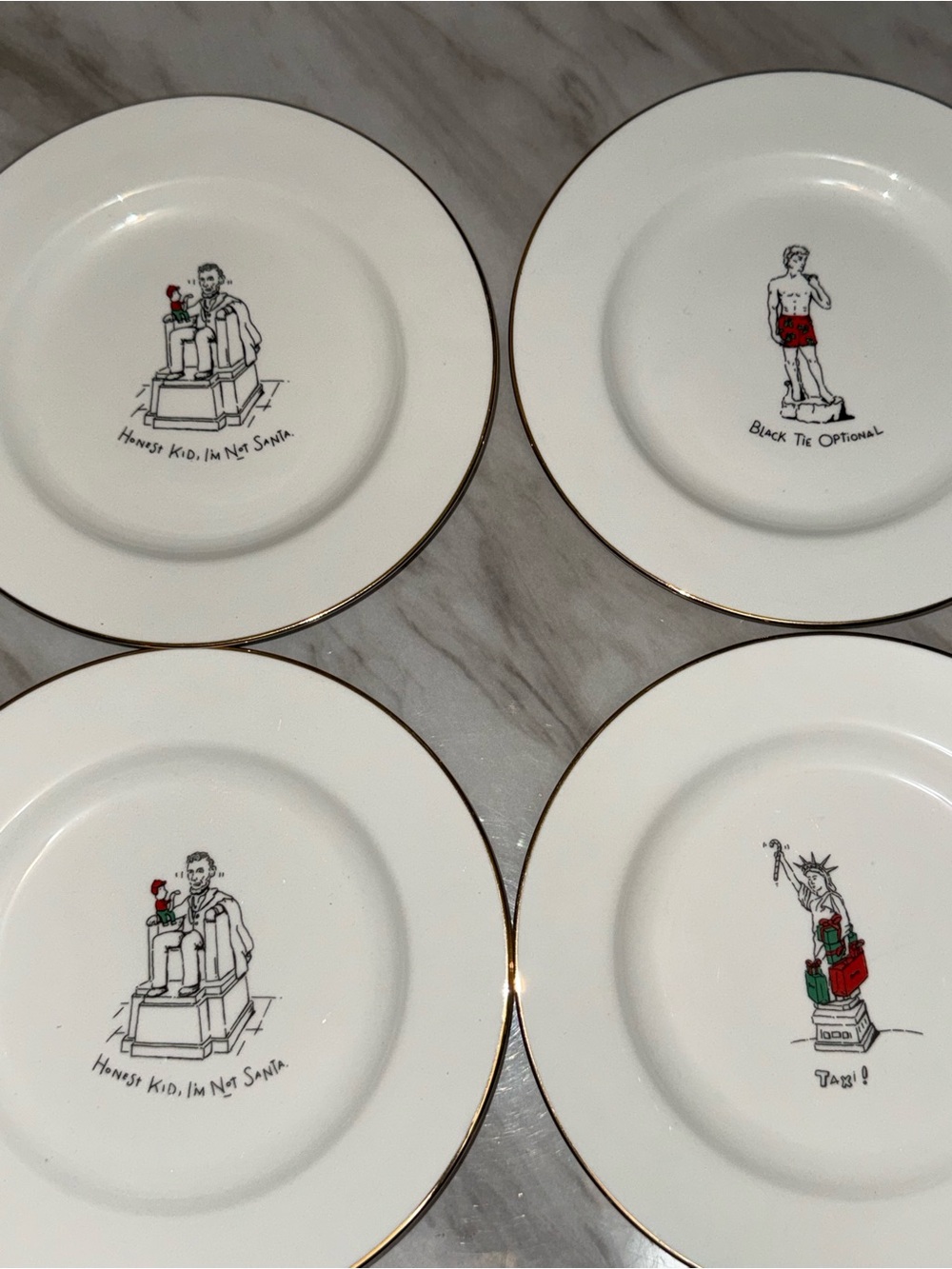 Merry Masterpieces Porcelain First Edition 8" Dessert Plates Gold Rim Set of 4